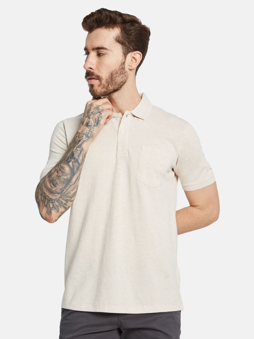 

Octave Men Solid Polo Collar Pocket T-shirt, Cream