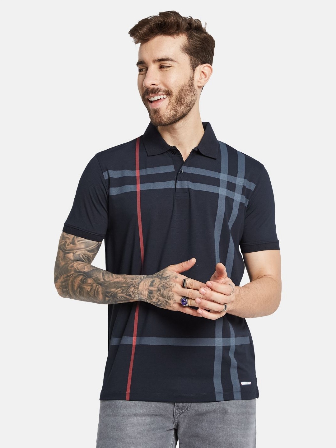 

Octave Men Striped Polo Collar T-shirt, Navy blue