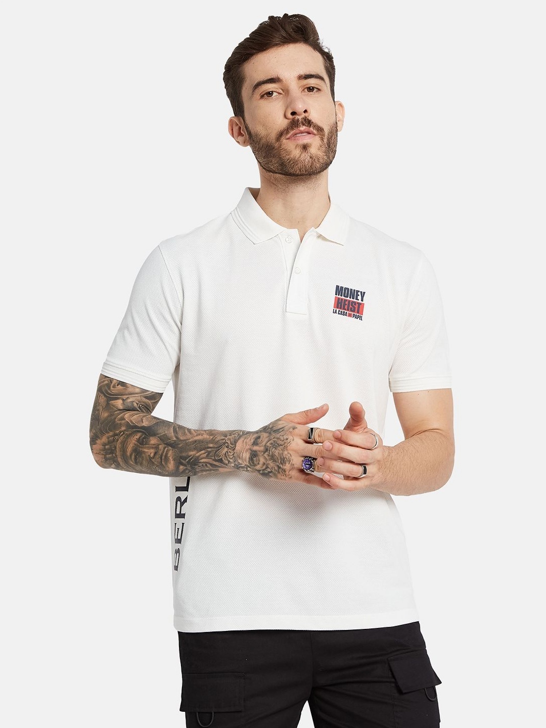 

Octave Men Money Heist Printed Polo Collar T-shirt, Off white