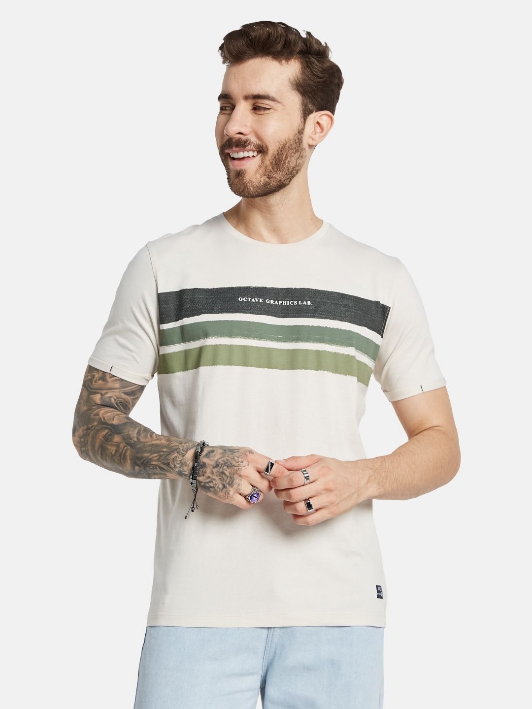

Octave Men Striped Round Neck T-shirt, Cream