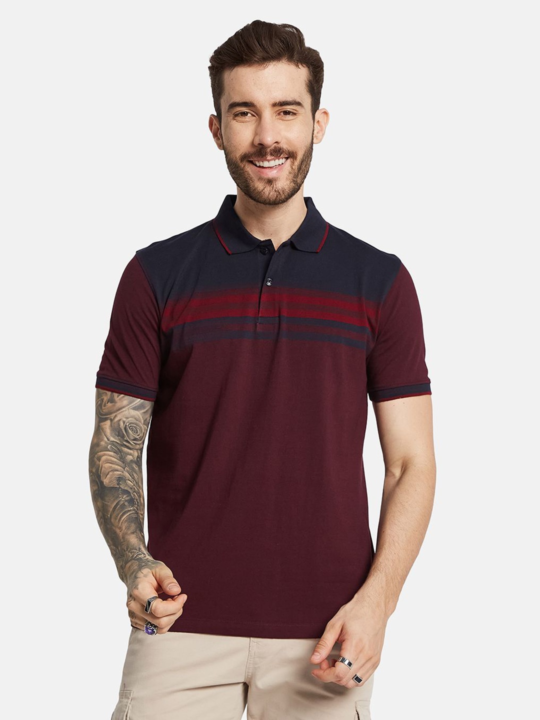 

Octave Men Colourblocked Polo Collar T-shirt, Maroon