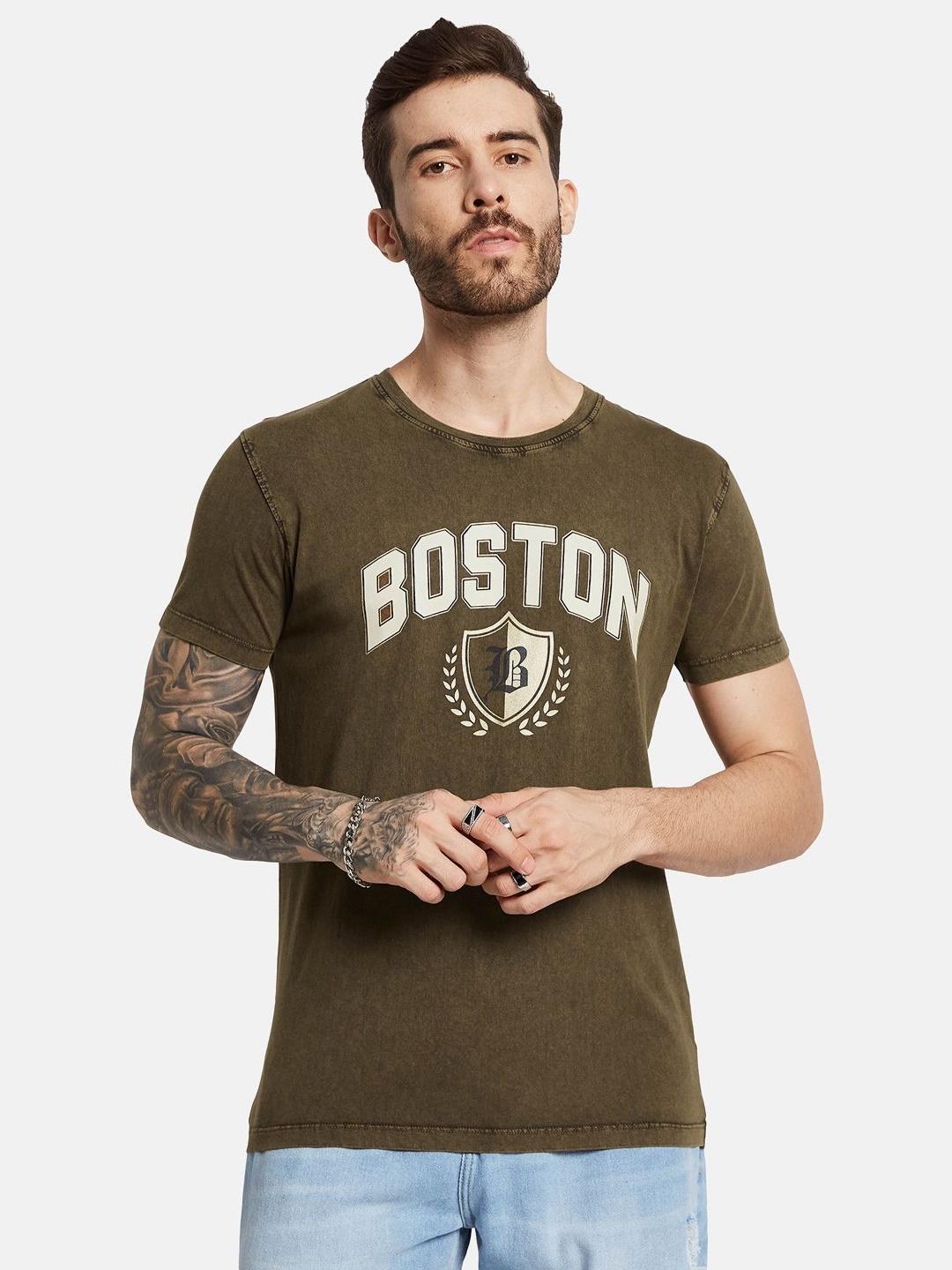 

Octave Men Typography Printed Round Neck T-shirt, Tan