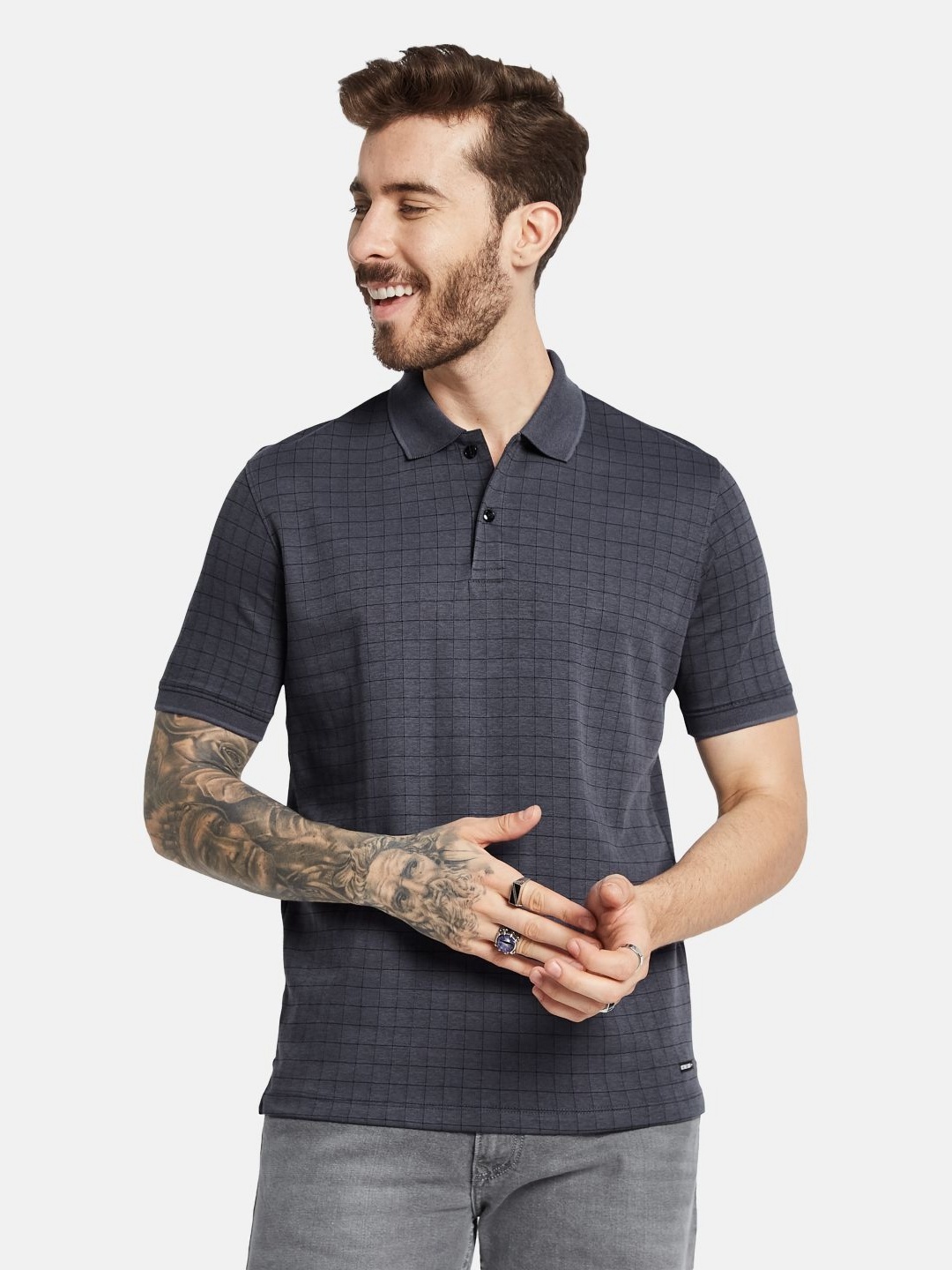 

Octave Men Checked Polo Collar T-shirt, Charcoal