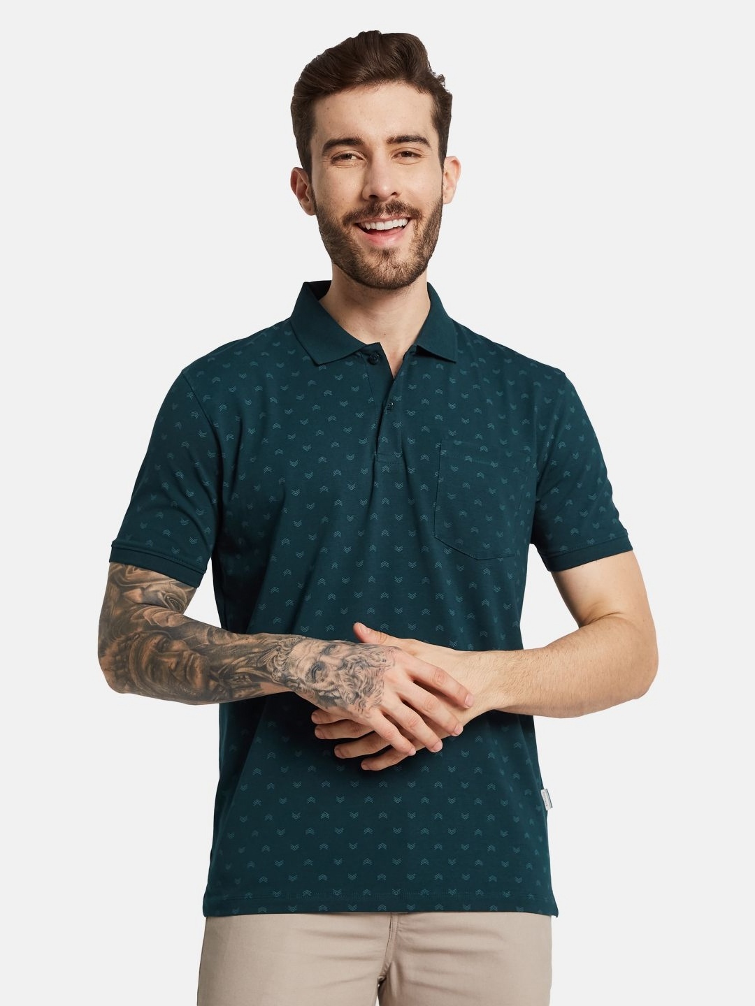 

Octave Men Conversational Printed Polo Collar Pocket T-shirt, Green