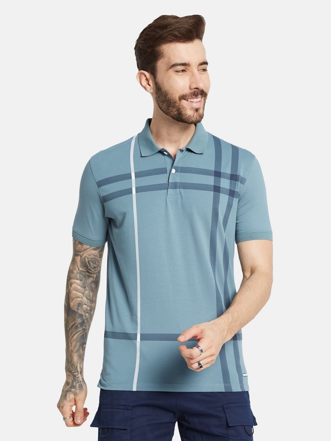 

Octave Men Striped Polo Collar T-shirt, Blue