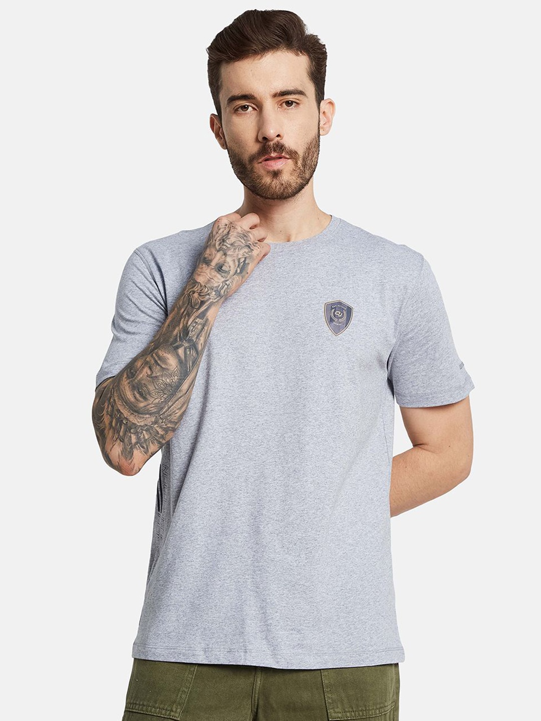 

Octave Men Solid Applique Round Neck T-shirt, Grey