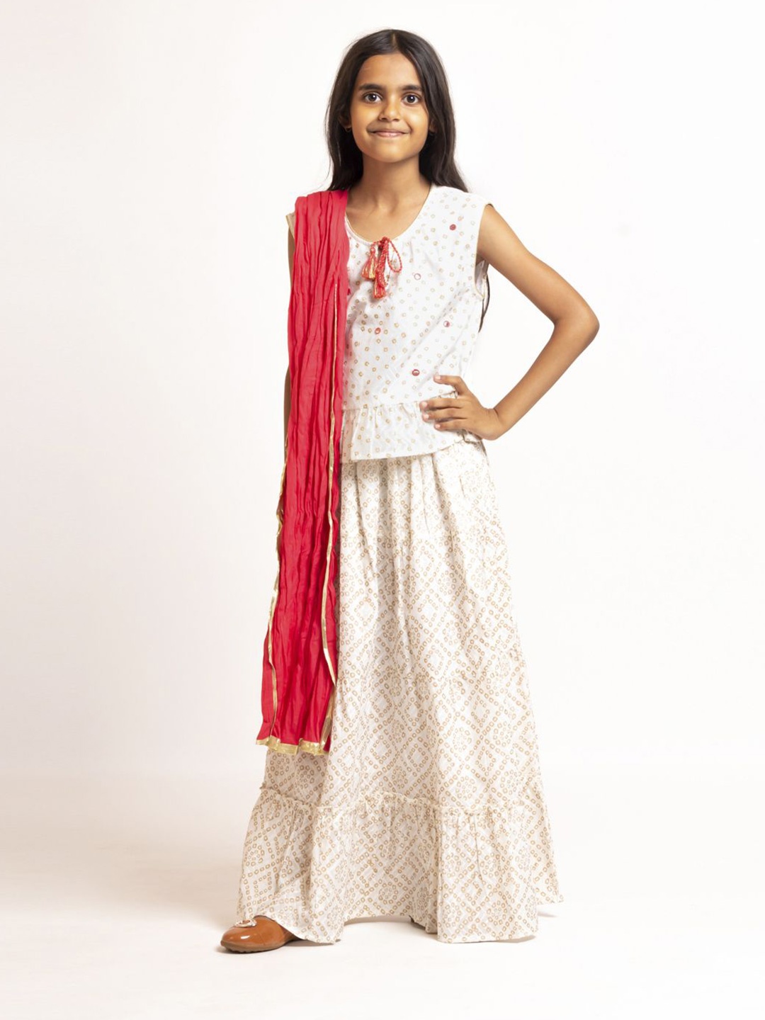 

Sangria White Girls Bandhani Printed Mirror Work Cotton Ready to Wear Lehenga Choli
