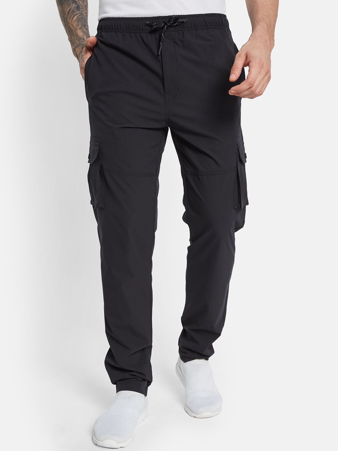 

Octave Men Solid Cotton Mid-Rise Cargo Track Pants, Black