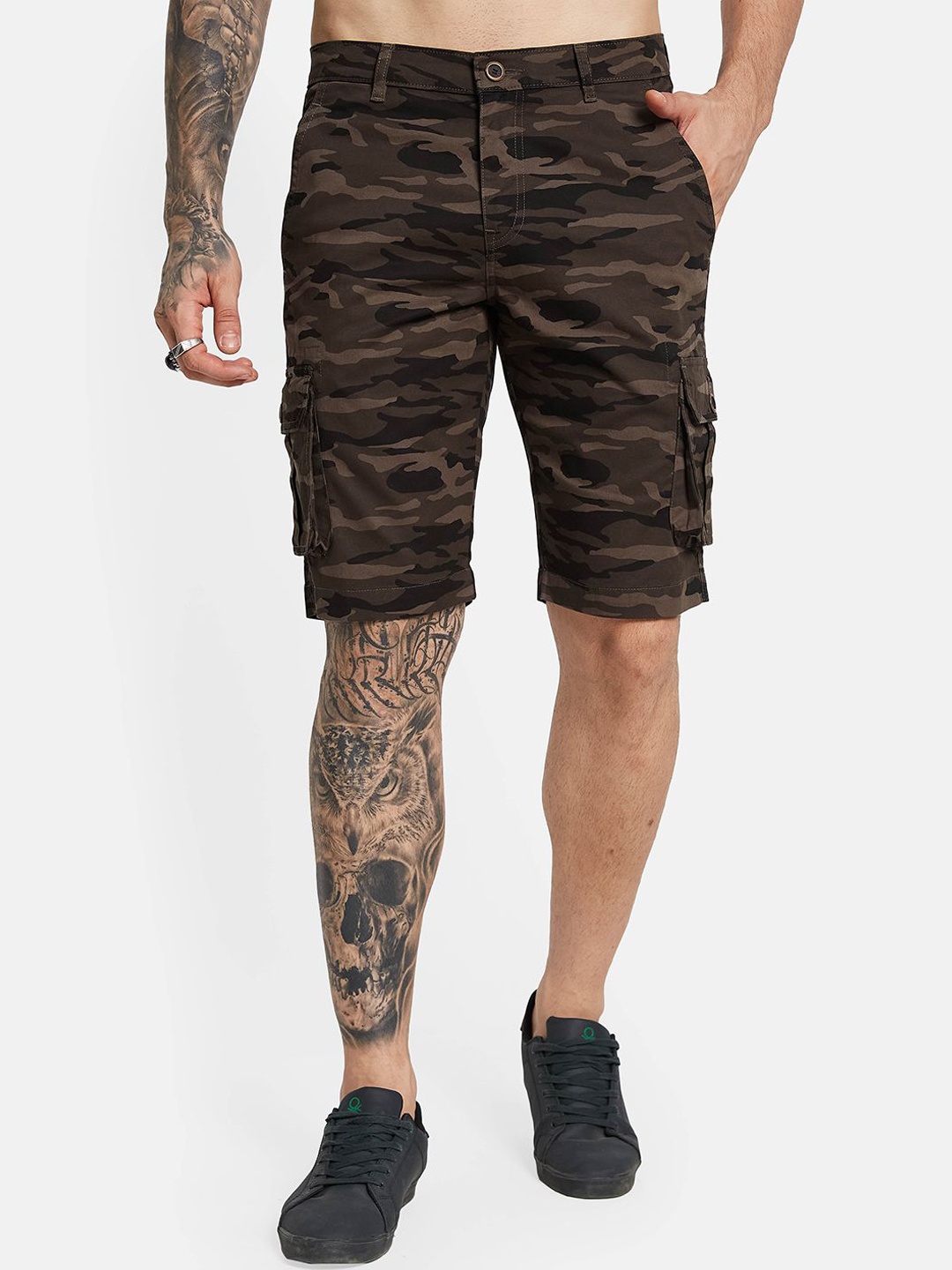 

Octave Men Camouflage Printed Regular Fit Cotton Mid-Rise Cargo Shorts, Olive