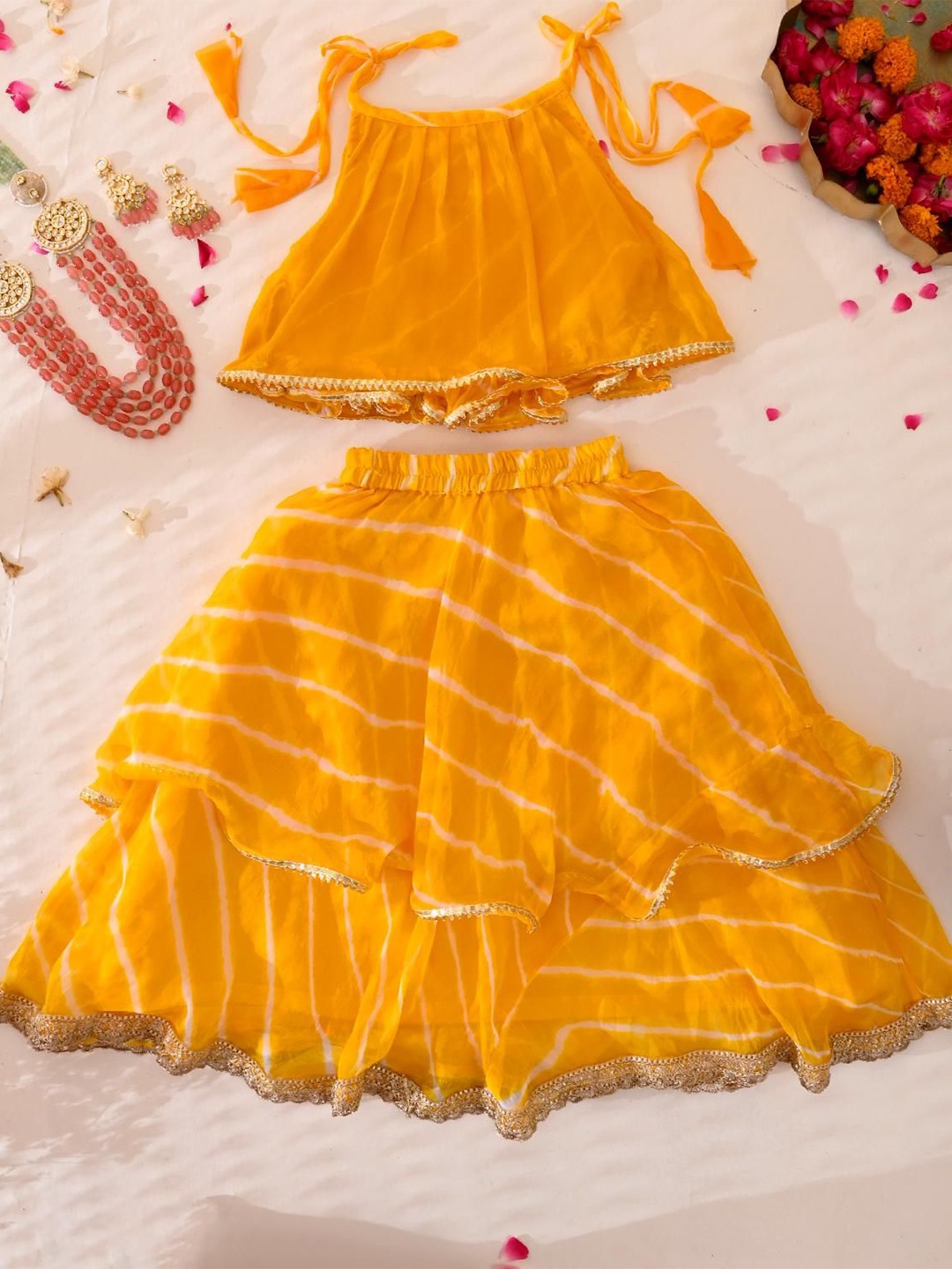

Rangpur Girls Leheriya Printed Gotta Patti Shoulder Straps Ready to Wear Lehenga & Choli, Yellow