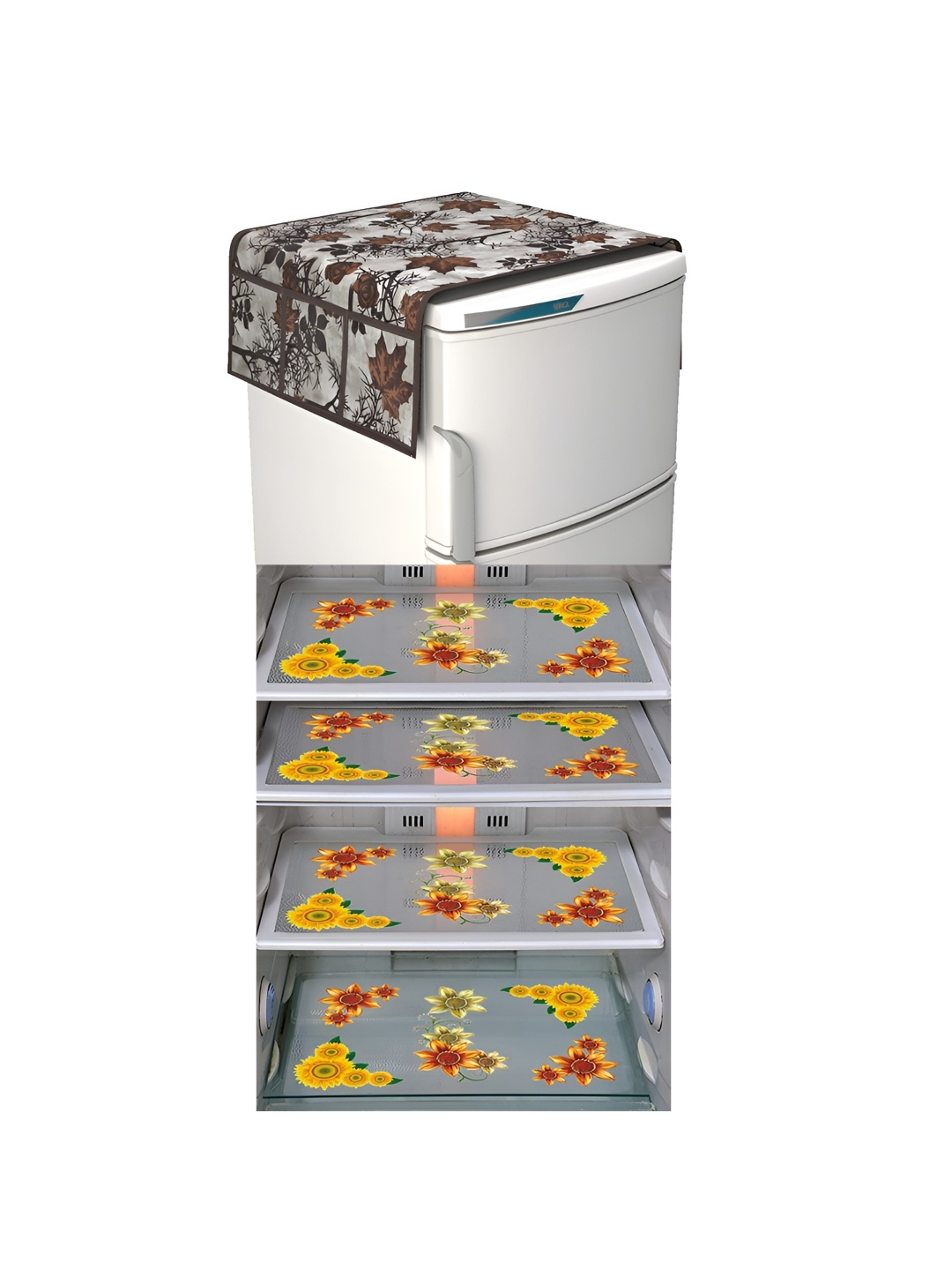 

LooMantha Red & Yellow 5 Pieces Floral Printed Fridge Mats & Top Cover