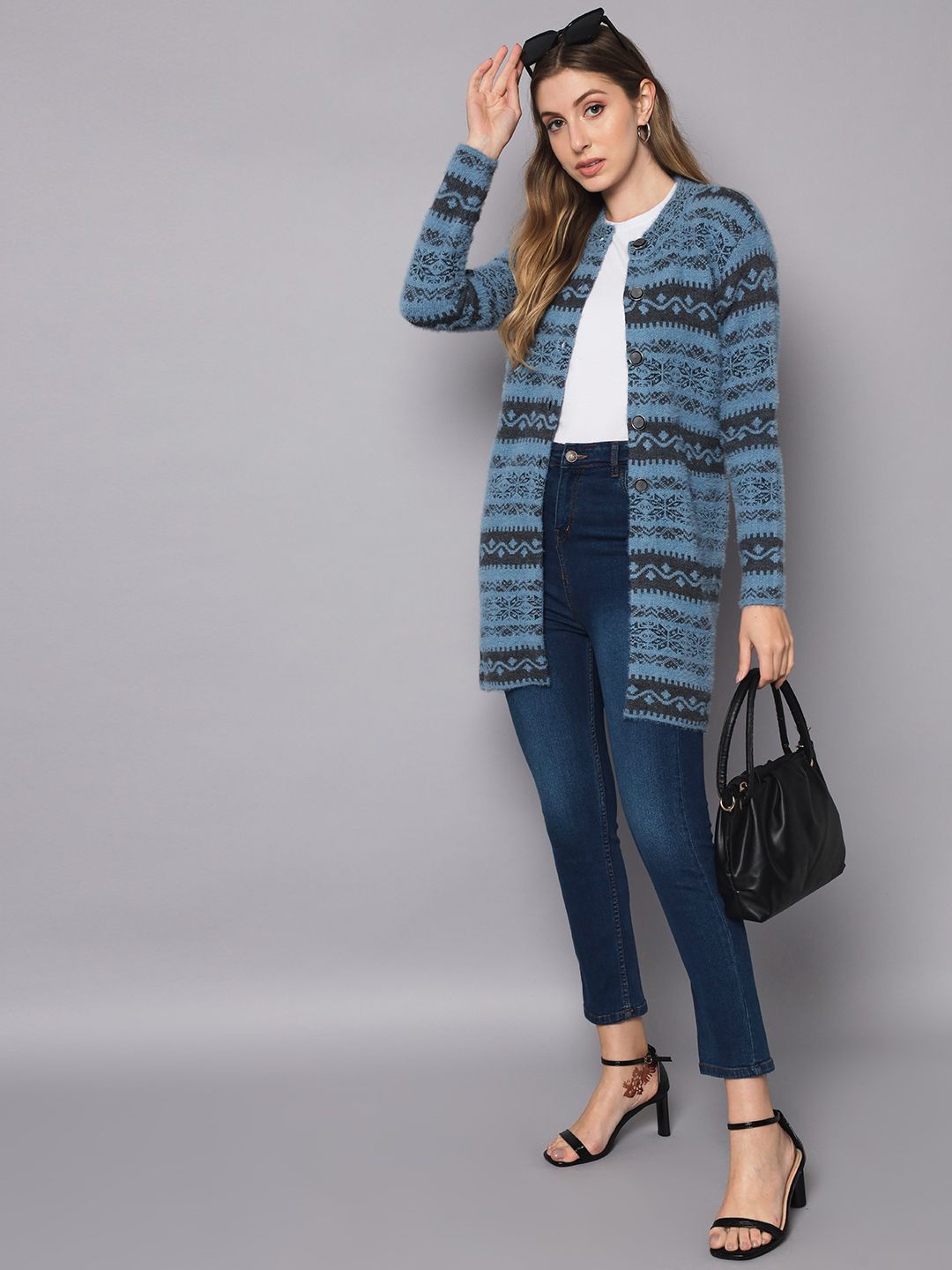 

Chemistry Women Self Design Striped Woollen Longline Cardigan Sweaters, Blue