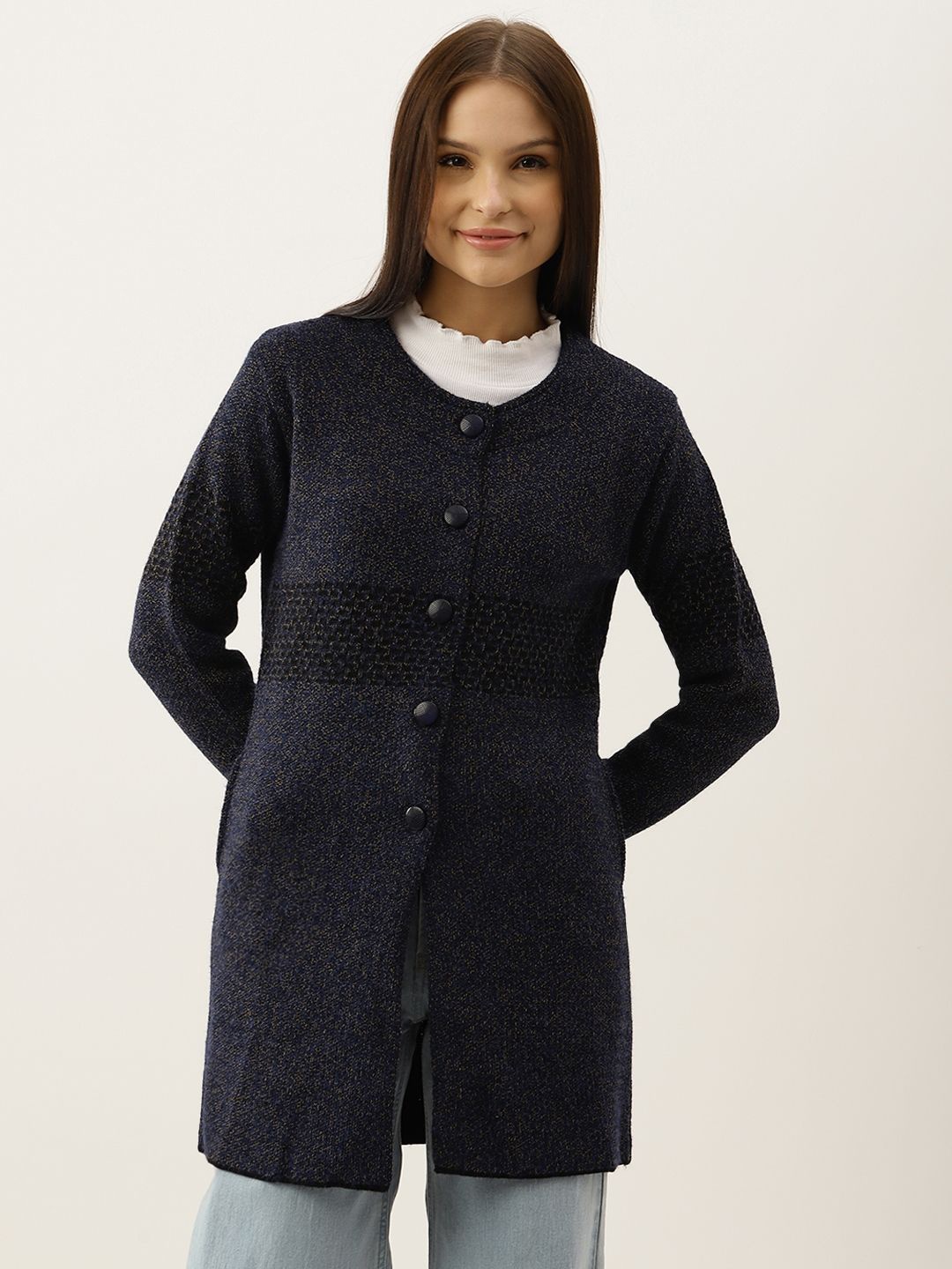 

Mast & Harbour Women Self Design Woollen Longline Cardigan Sweaters, Blue