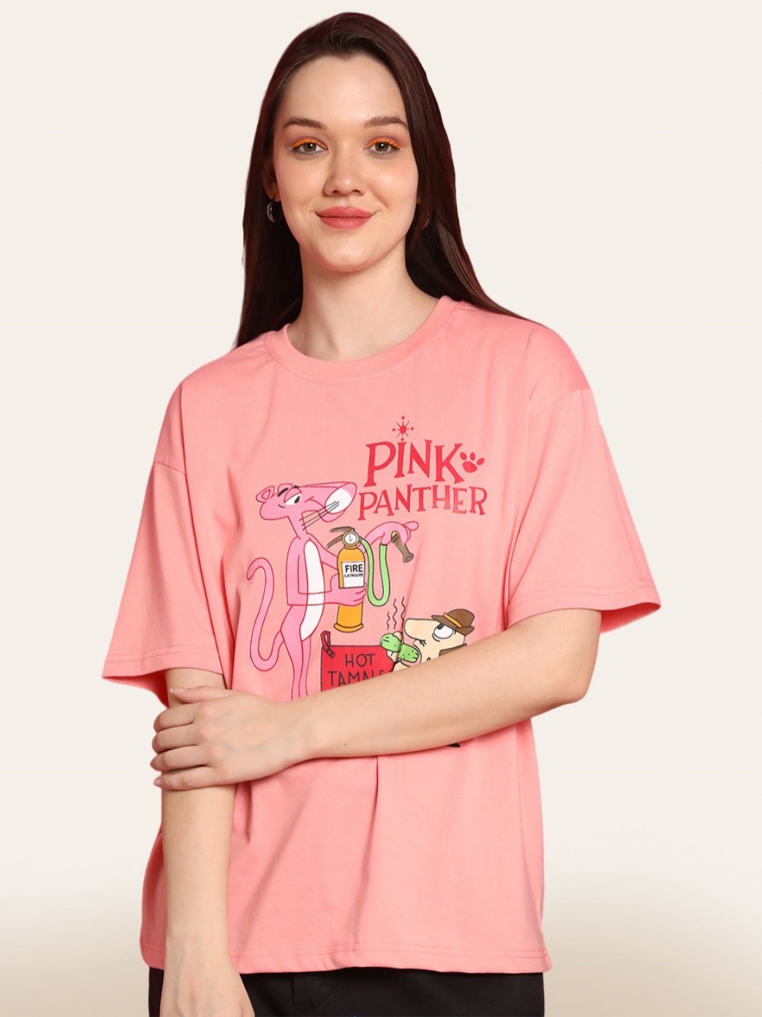 

Fabflee Women Pack Of 2 Graphic Printed Round Neck Cotton Oversized T-shirt, Pink