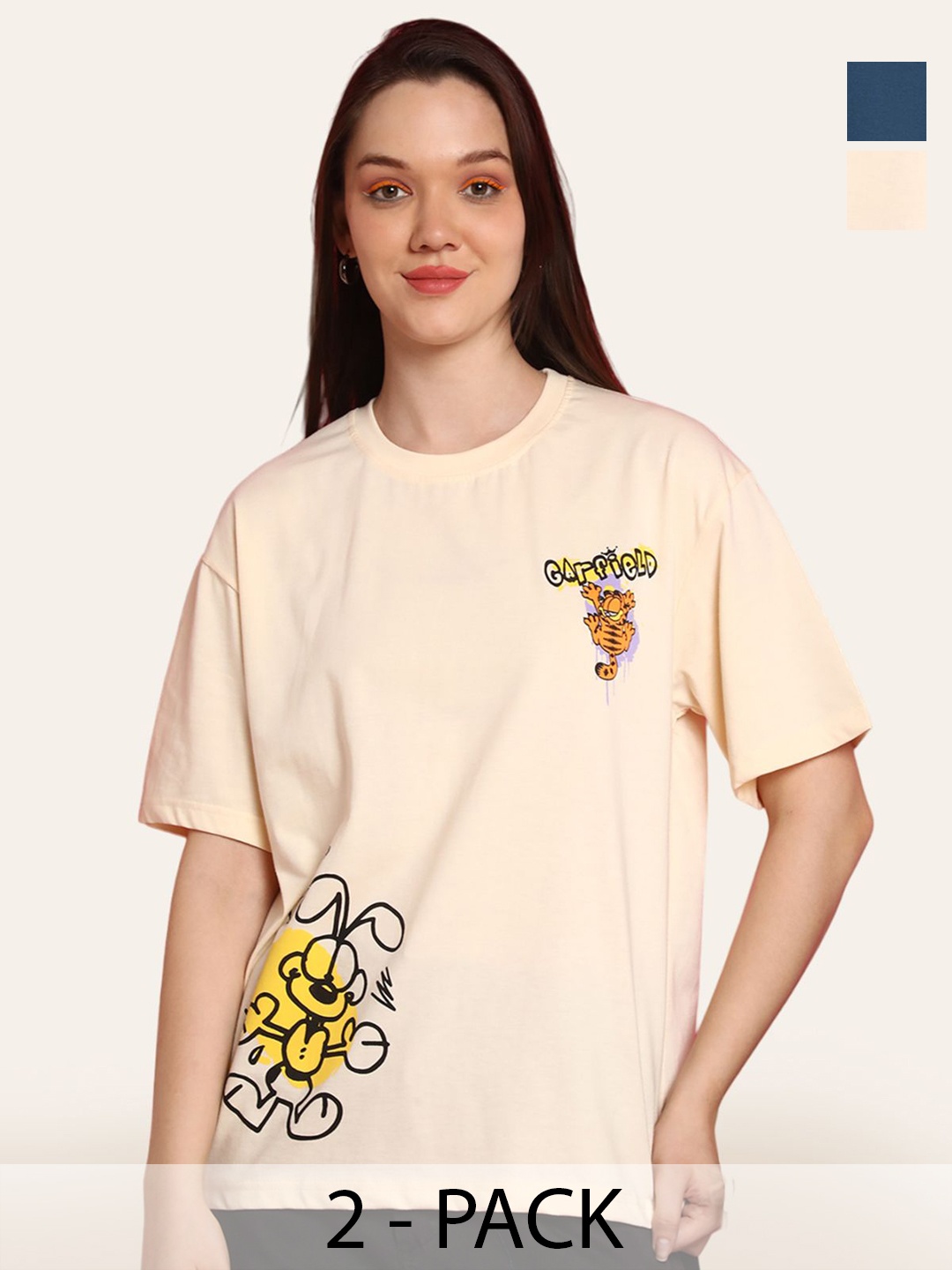 

Fabflee Women Pack Of 2 Graphic Printed Round Neck Cotton Oversized T-shirt, Multi