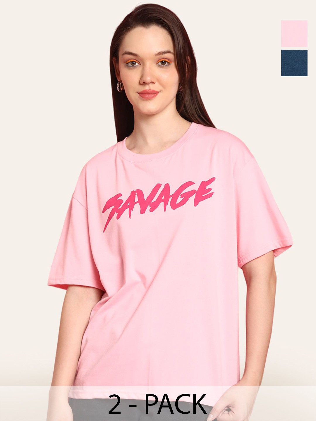 

Fabflee Women Pack Of 2 Graphic Printed Round Neck Cotton Oversized T-shirt, Pink