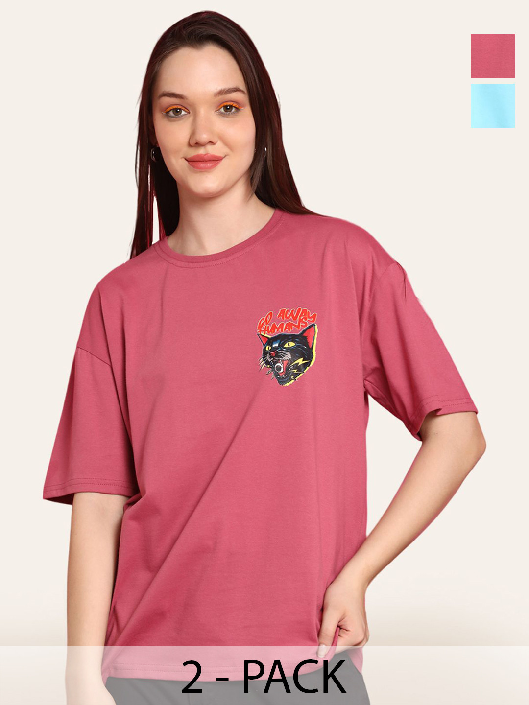 

Fabflee Women Pack Of 2 Graphic Printed Round Neck Cotton Oversized T-shirt, Mauve