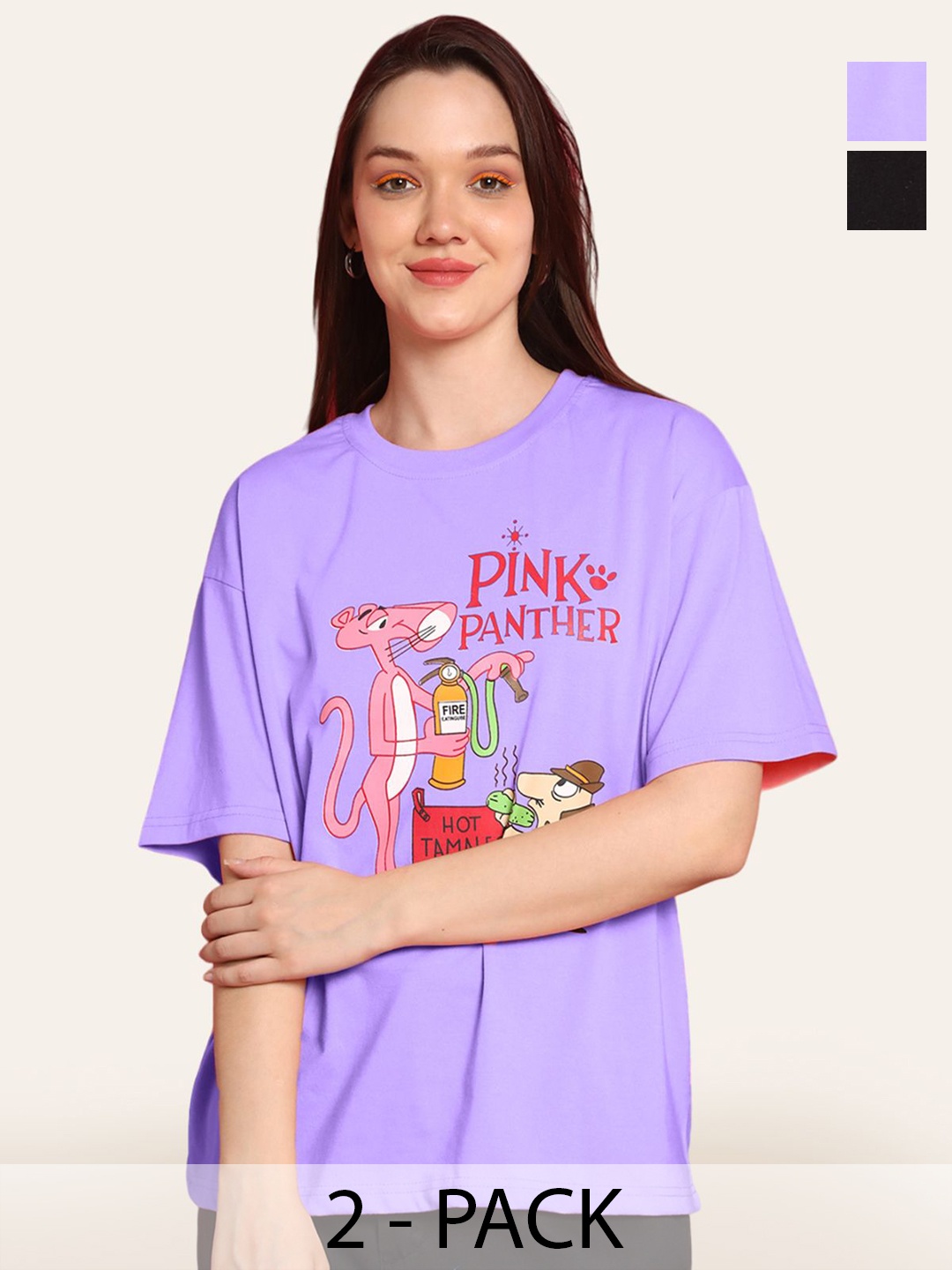 

Fabflee Women Pack Of 2 Graphic Printed Round Neck Cotton Oversized T-shirt, Purple