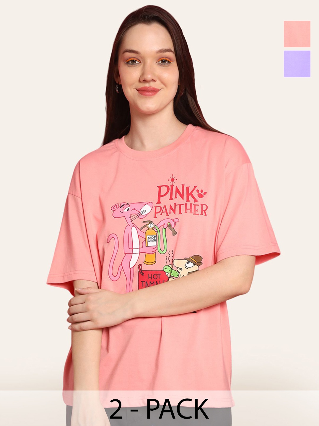 

Fabflee Women Pack Of 2 Graphic Printed Round Neck Cotton Oversized T-shirt, Pink