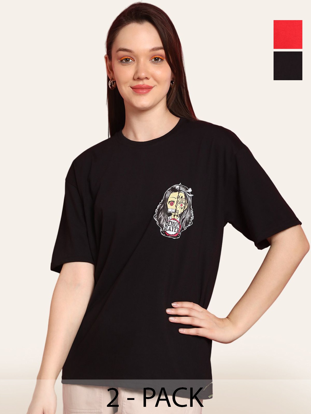 

Fabflee Women Pack Of 2 Graphic Printed Round Neck Cotton Oversized T-shirt, Black