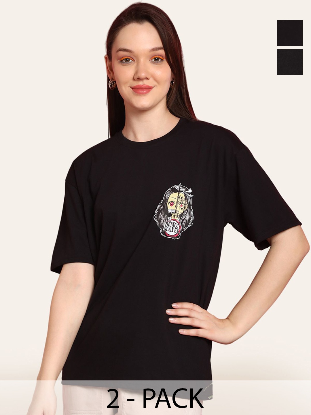 

Fabflee Women Pack Of 2 Graphic Printed Round Neck Cotton Oversized T-shirt, Black
