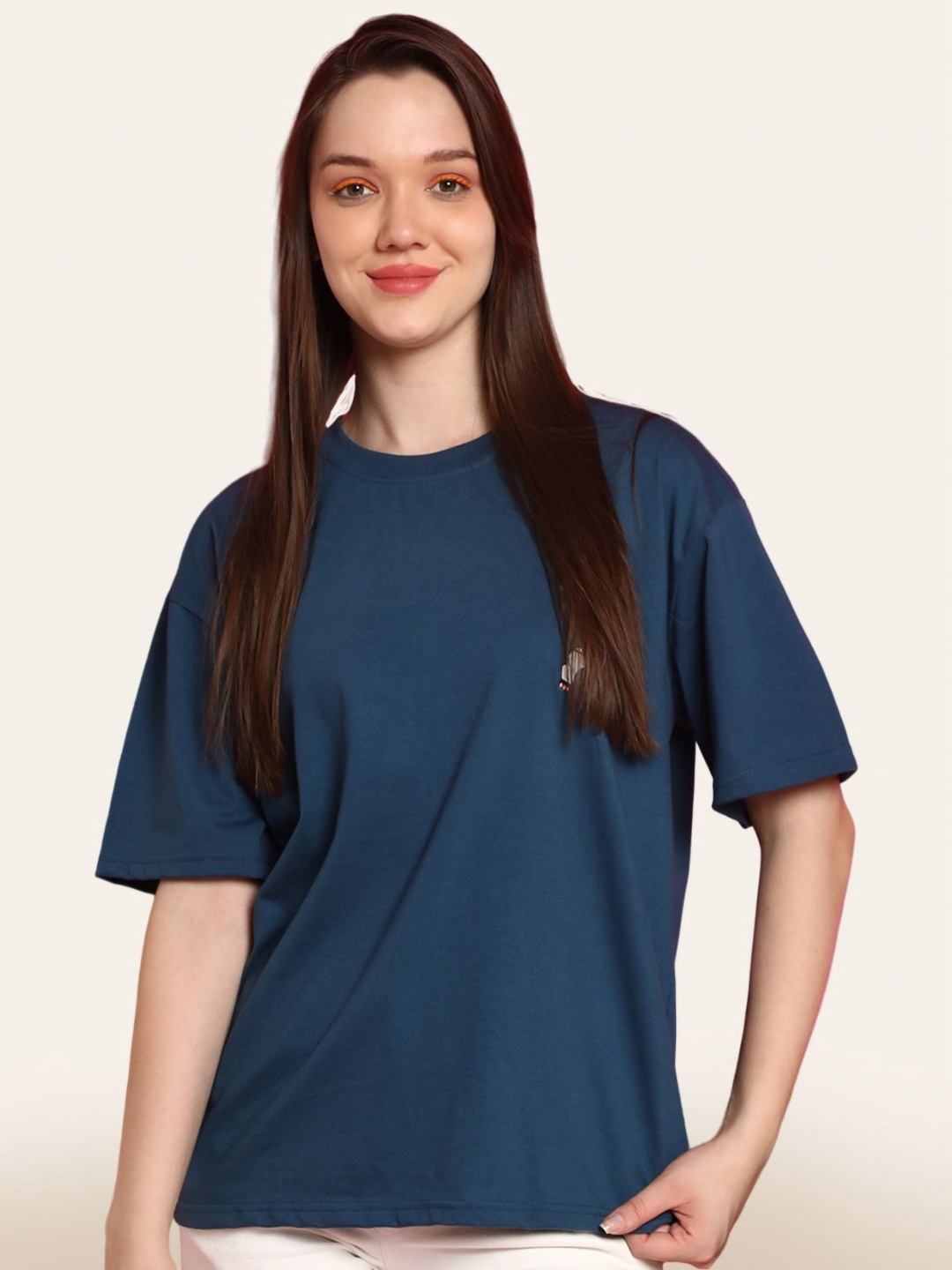 

Fabflee Women Pack Of 2 Graphic Printed Round Neck Cotton Oversized T-shirt, Beige