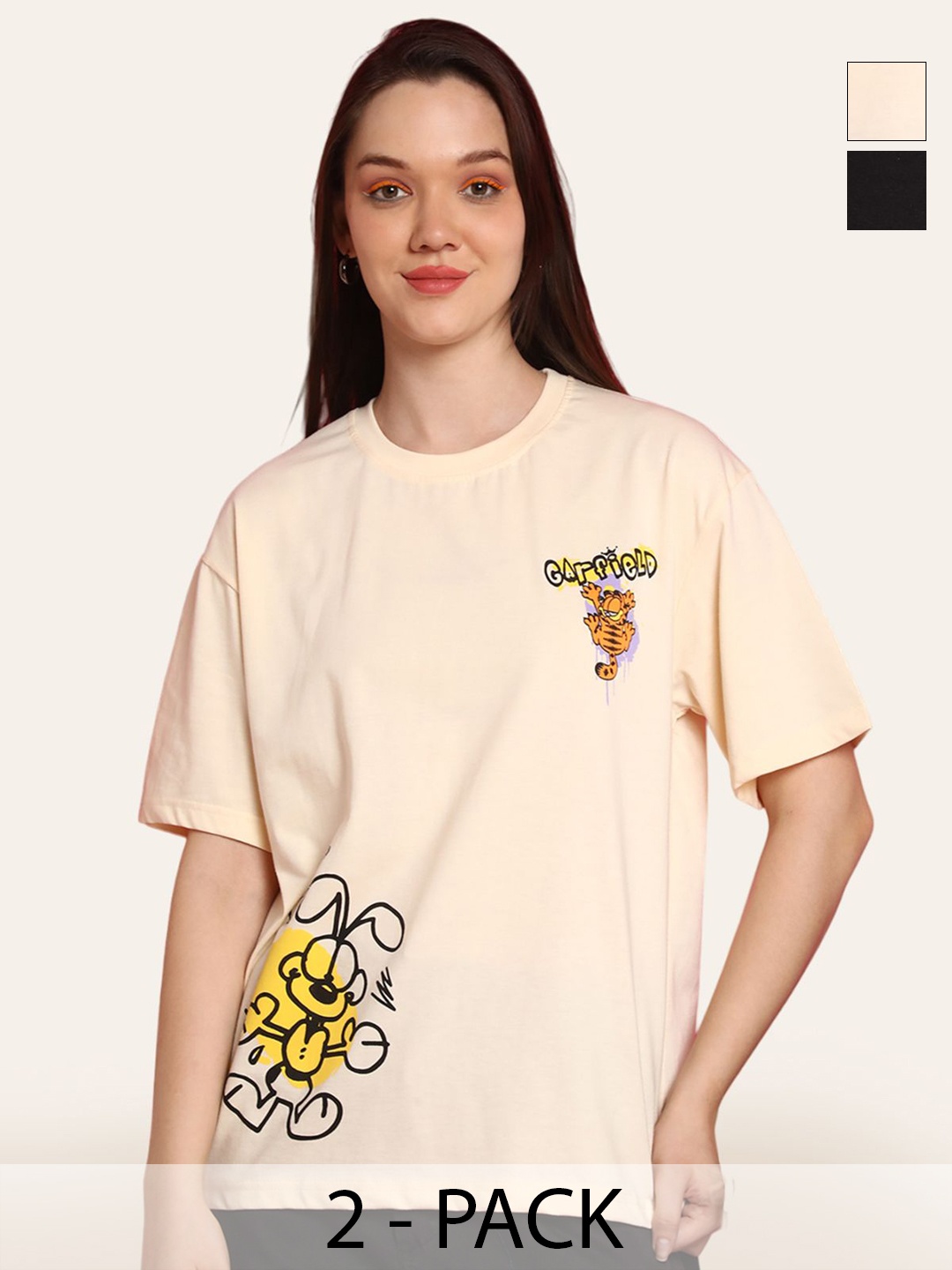 Fabflee Women Pack Of 2 Typography Printed Round Neck Cotton Oversized T-shirt, Cream
