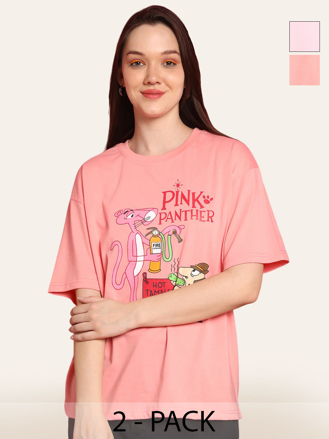 

Fabflee Women Pack Of 2 Graphic Printed Round Neck Cotton Oversized T-shirt, Pink