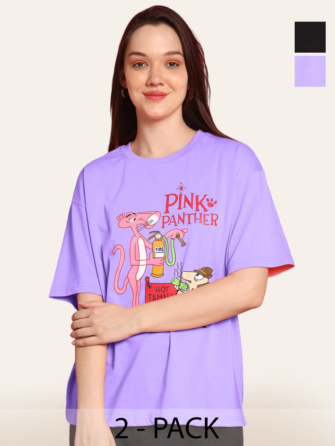

Fabflee Women Pack Of 2 Typography Printed Round Neck Cotton Oversized T-shirt, Purple