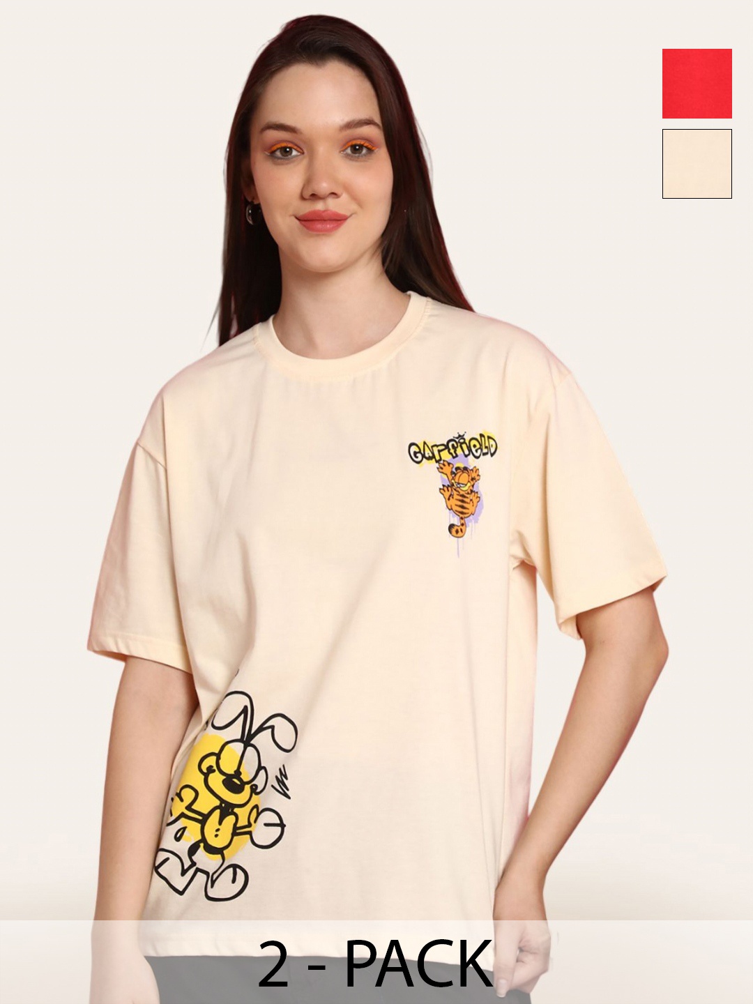 

Fabflee Women Pack Of 2 Graphic Printed Round Neck Cotton Oversized T-shirt, Beige