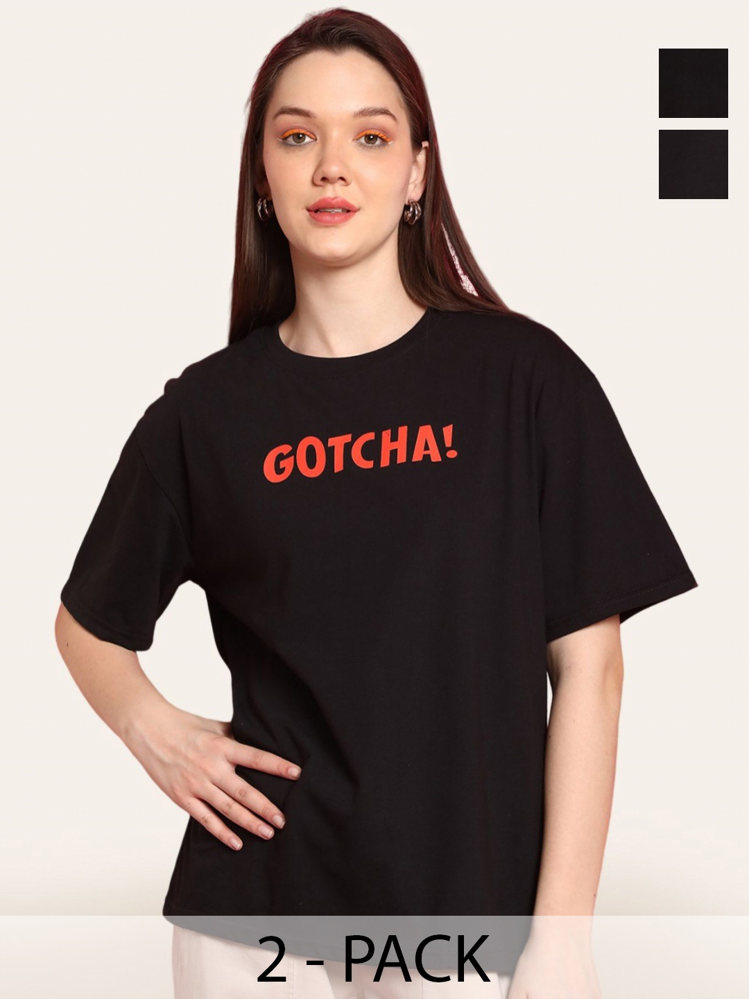 

Fabflee Women Pack Of 2 Typography Printed Round Neck Cotton Oversized T-shirt, Black
