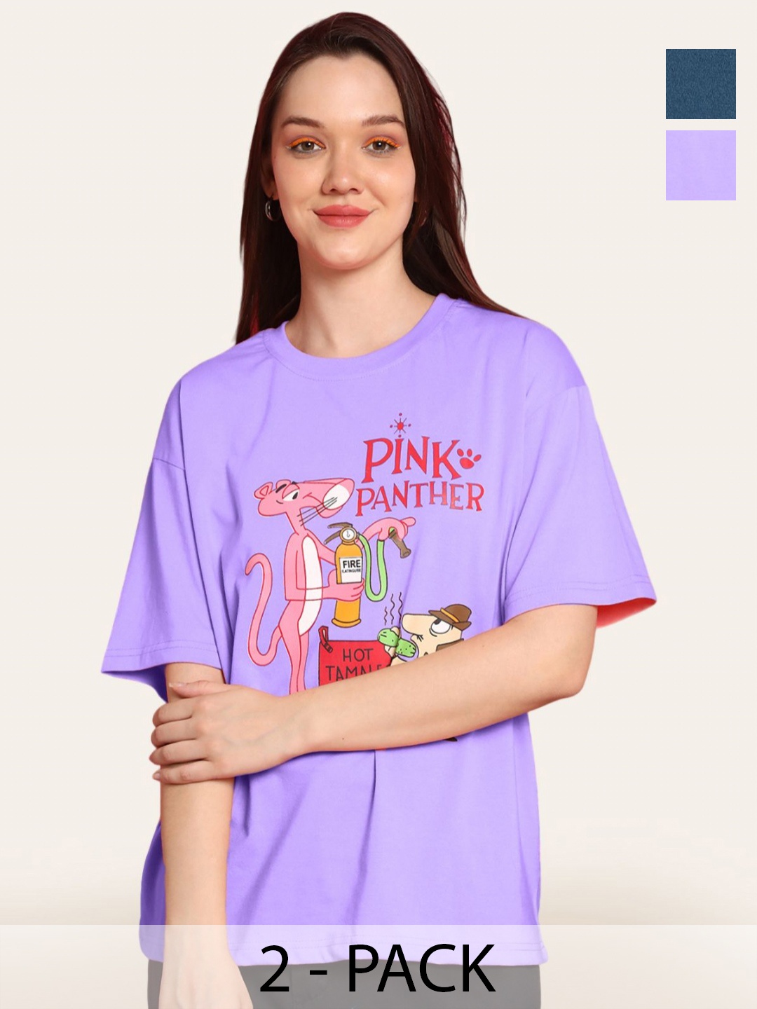 

Fabflee Women Pack Of 2 Graphic Printed Round Neck Cotton Oversized T-shirt, Purple