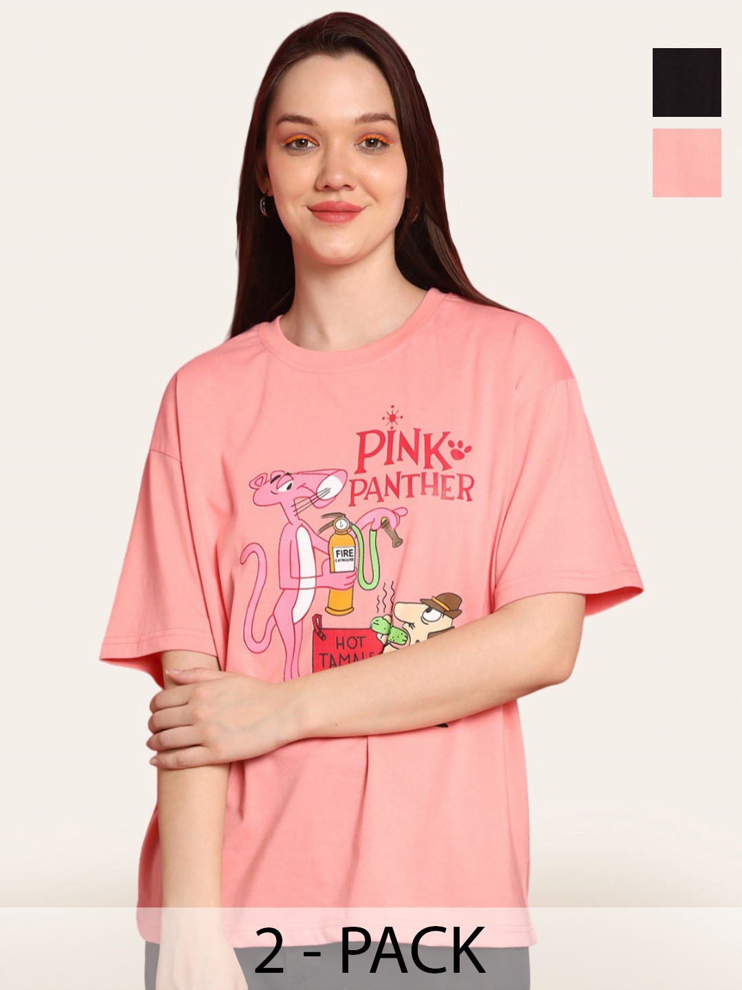 

Fabflee Women Pack Of 2 Graphic Printed Round Neck Cotton Oversized T-shirt, Pink