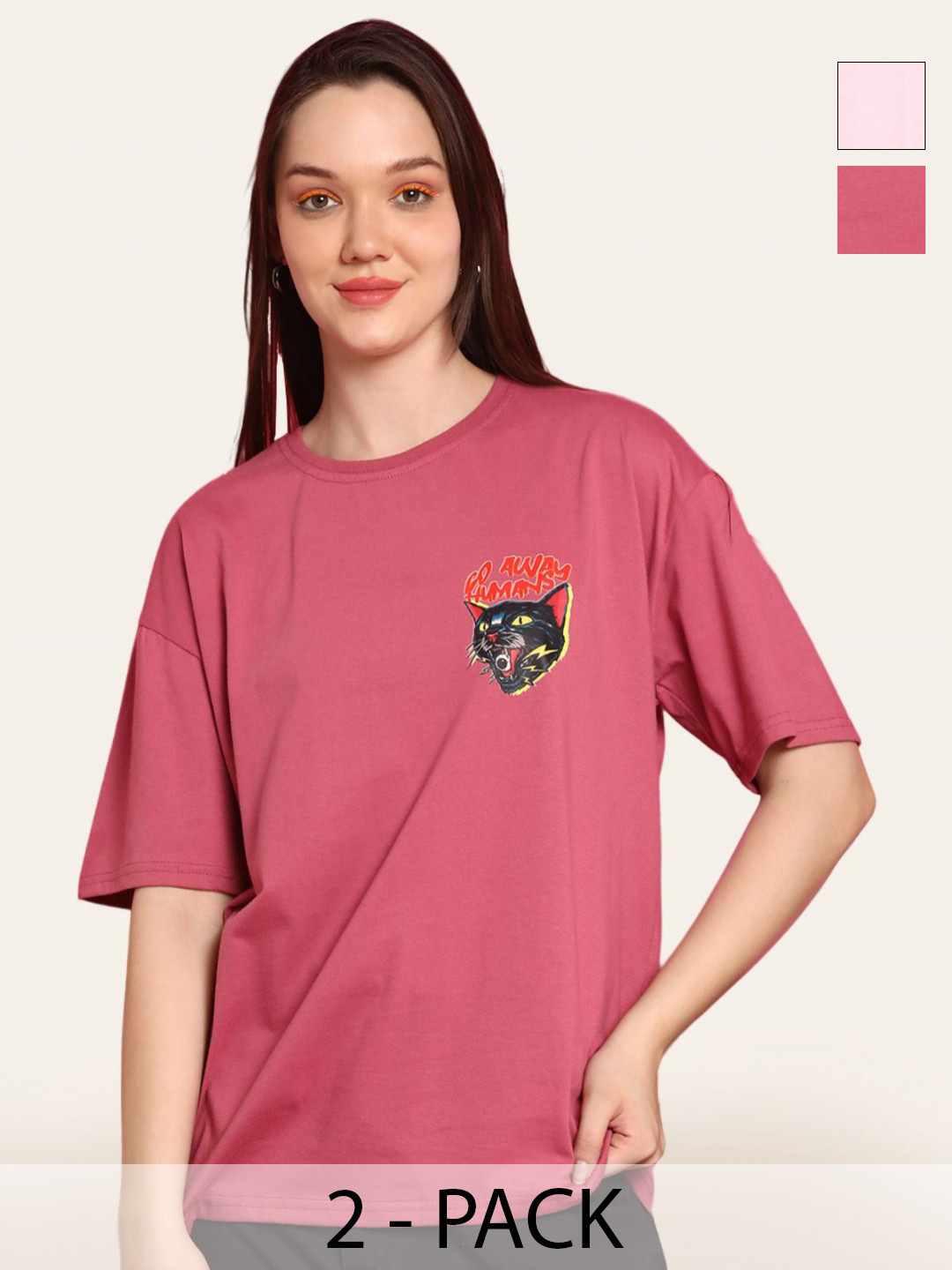 

Fabflee Women Pack Of 2 Graphic Printed Round Neck Cotton Oversized T-shirt, Pink
