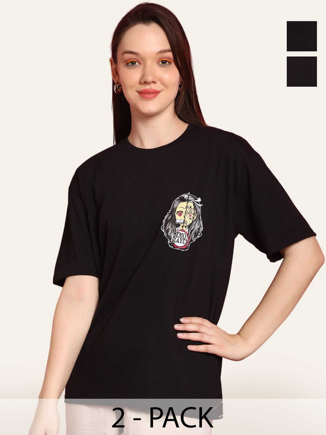 

Fabflee Women Pack Of 2 Graphic Printed Round Neck Cotton Oversized T-shirt, Black