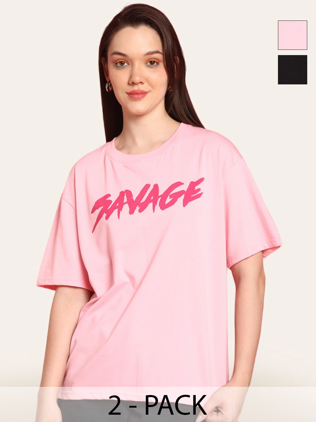 

Fabflee Women Pack Of 2 Typography Printed Round Neck Cotton Oversized T-shirt, Pink