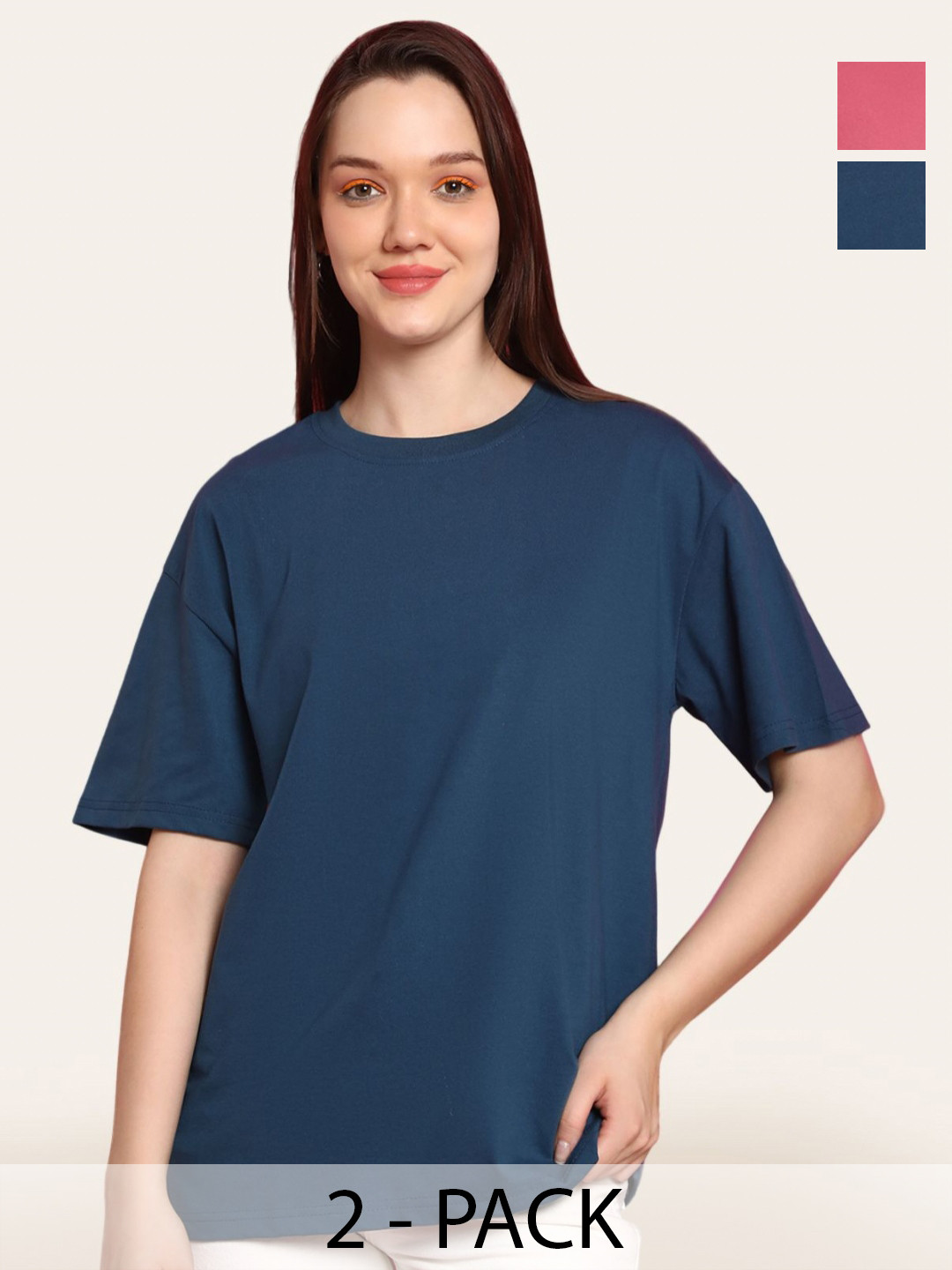 

Fabflee Women Pack Of 2 Graphic Printed Round Neck Cotton Oversized T-shirt, Blue