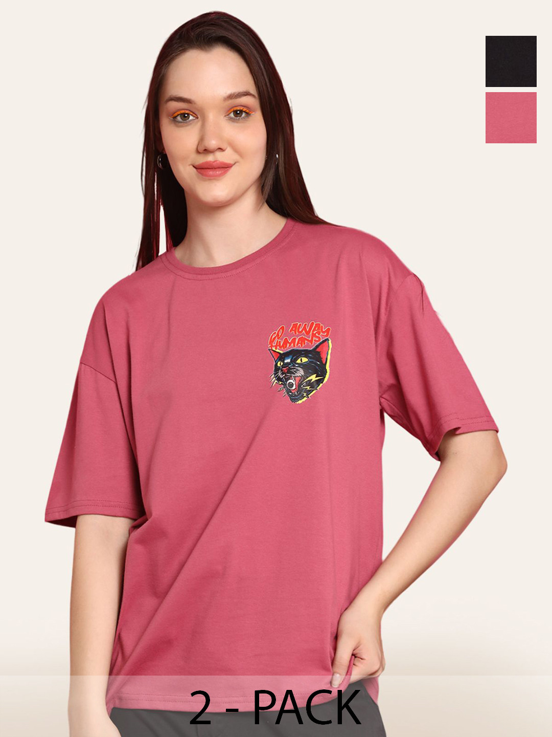 

Fabflee Women Pack Of 2 Graphic Printed Round Neck Cotton Oversized T-shirt, Mauve