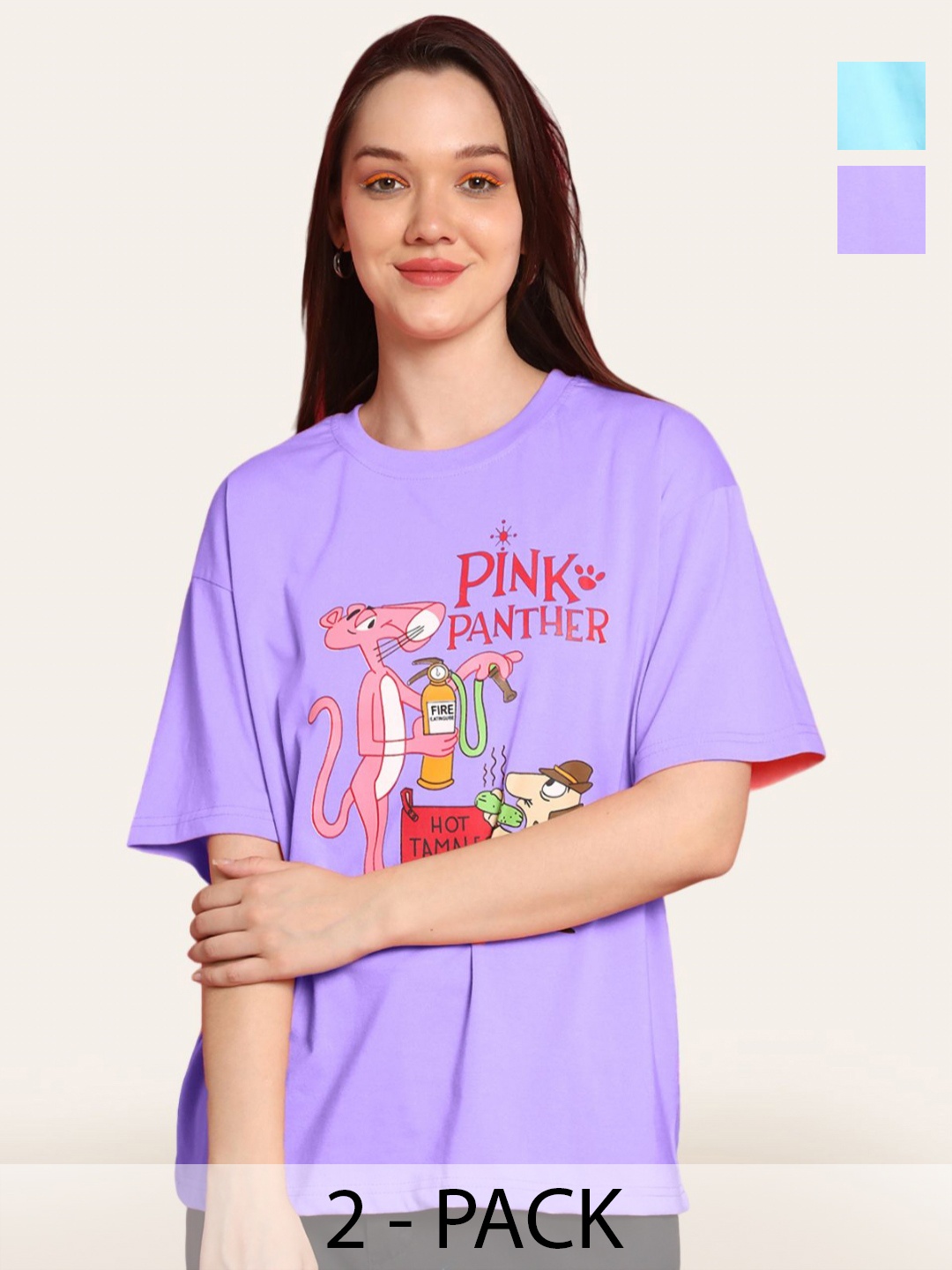 

Fabflee Women Pack Of 2 Graphic Printed Round Neck Cotton Oversized T-shirt, Purple
