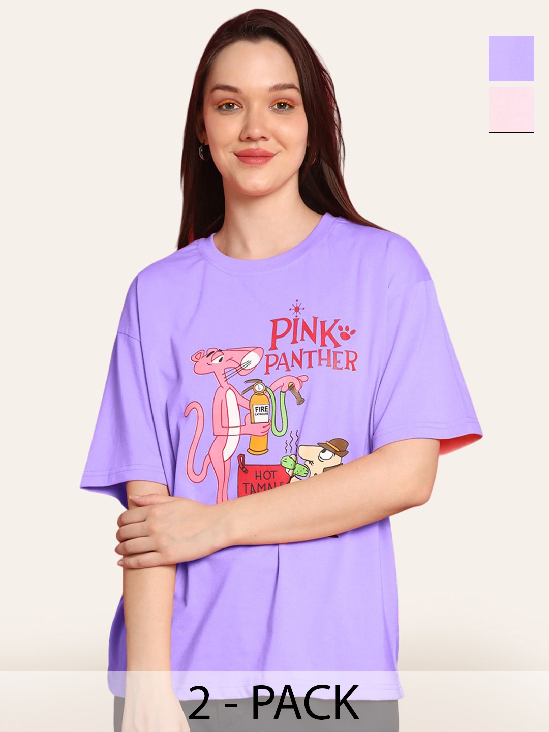 

Fabflee Women Pack Of 2 Graphic Printed Round Neck Cotton Oversized T-shirt, Purple