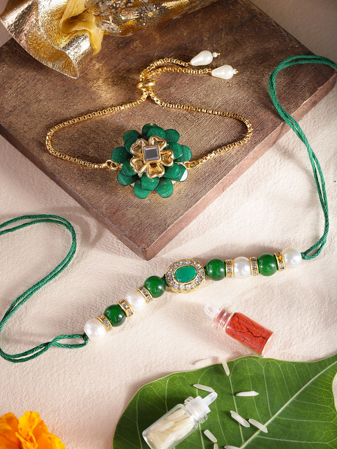 

House of Pataudi Kundan Bhaiya Bhabhi Rakhi Gift Set, Green