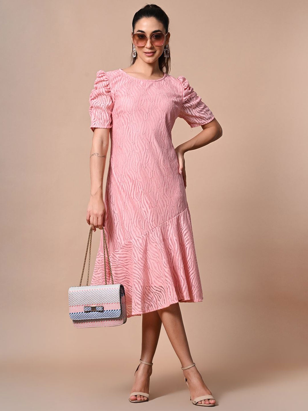 

TBOJ Puff Sleeve Net A-Line Midi Dress, Pink