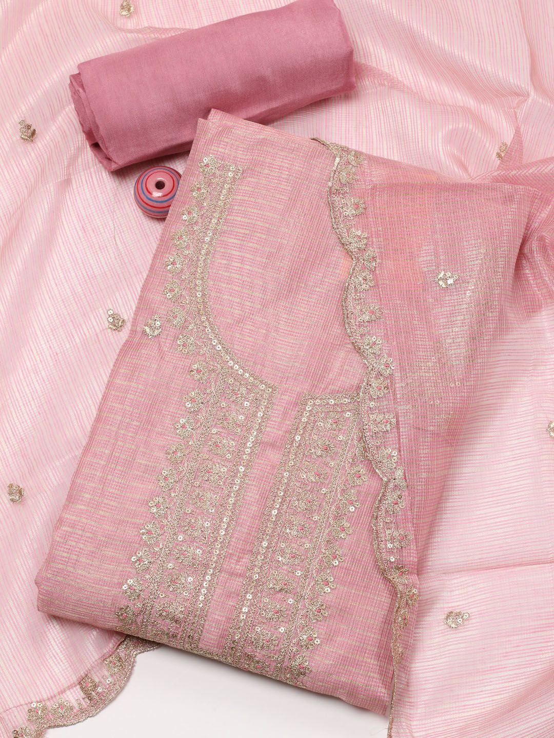 

Meena Bazaar Floral Embroidered Sequinned Unstitched Dress Material, Pink