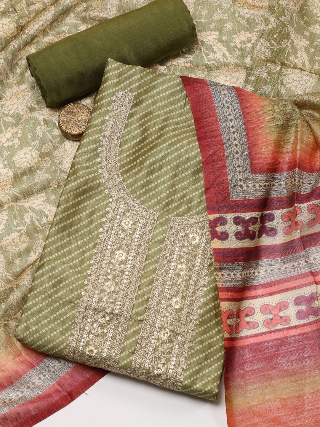 

Meena Bazaar Geometric Printed Sequinned Unstitched Dress Material, Green
