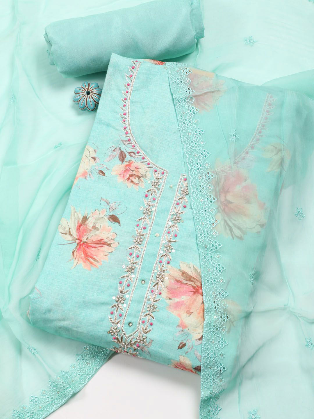 

Meena Bazaar Floral Printed Beads and Stones Linen Unstitched Dress Material, Sea green