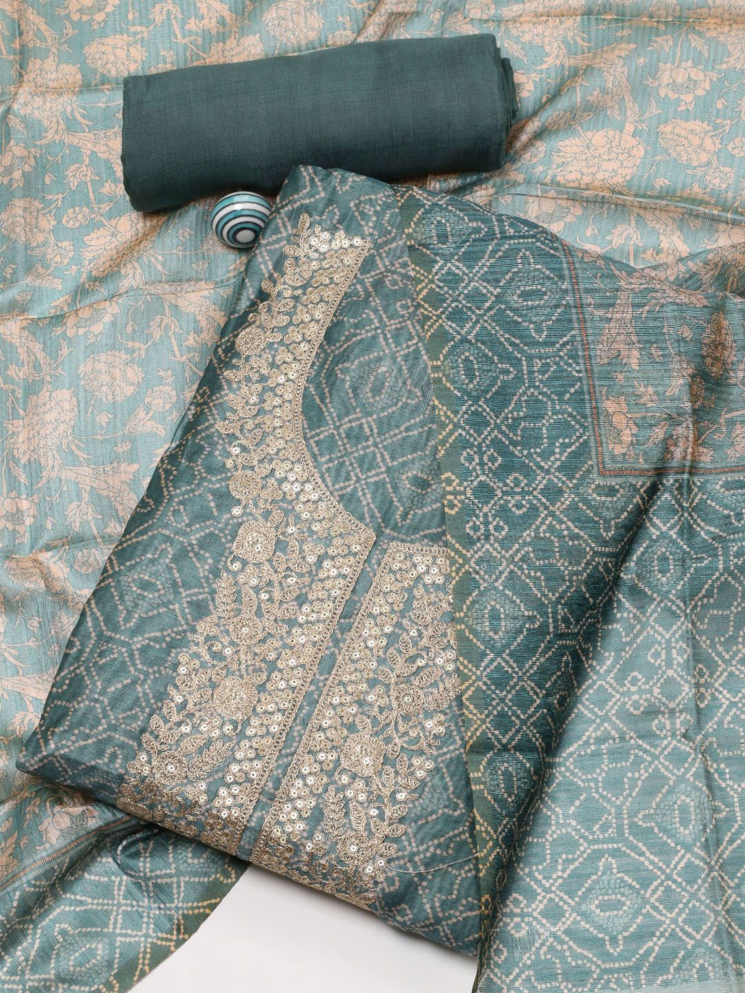 

Meena Bazaar Geometric Printed Sequinned Unstitched Dress Material, Teal