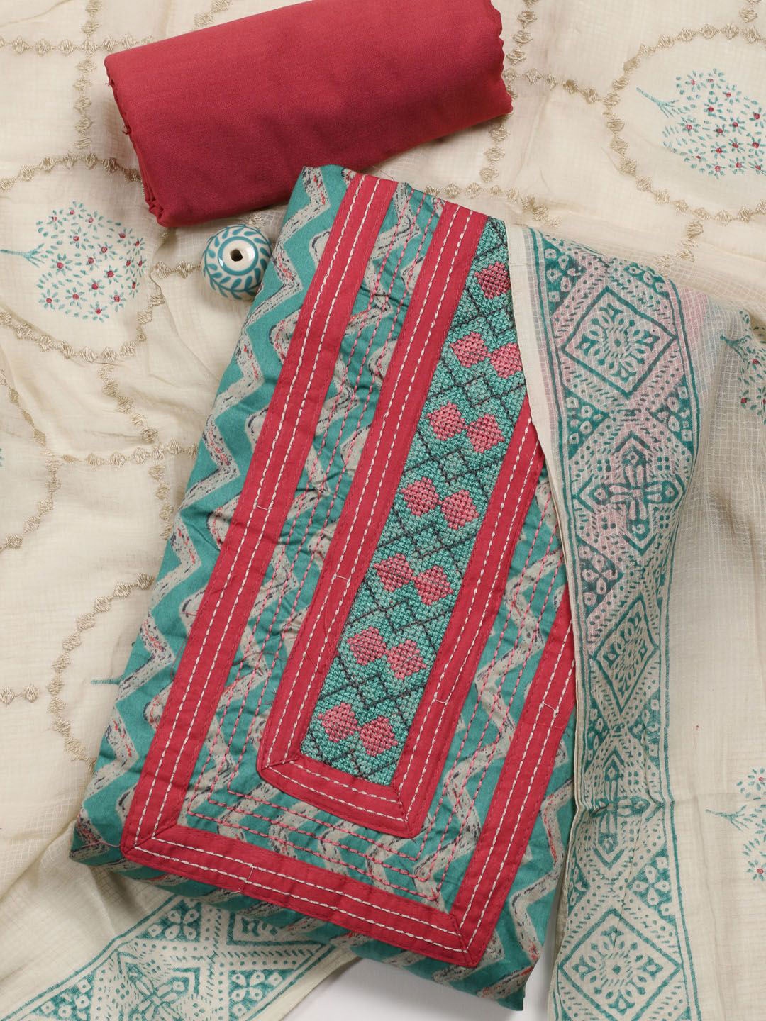 

Meena Bazaar Geometric Shibori Printed Unstitched Dress Material, Sea green