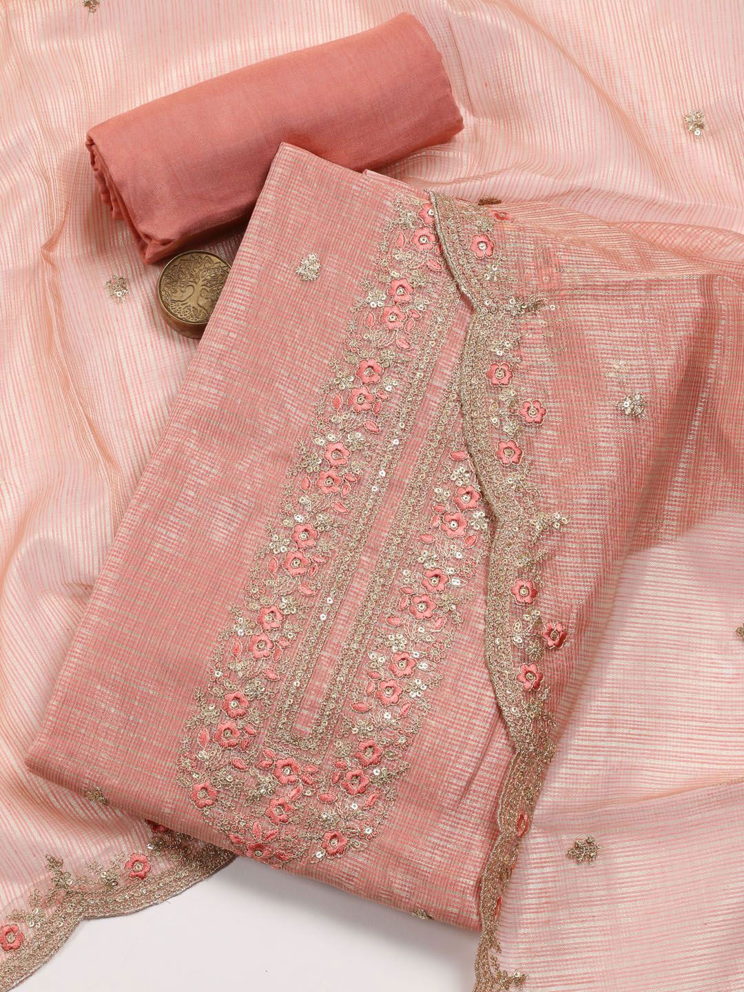 

Meena Bazaar Floral Embroidered Sequinned Unstitched Dress Material, Peach