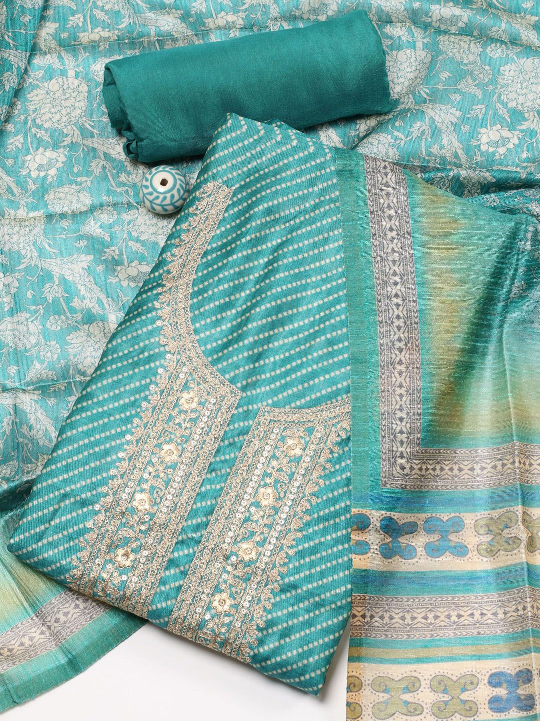 

Meena Bazaar Printed Art Silk Unstitched Dress Material, Teal