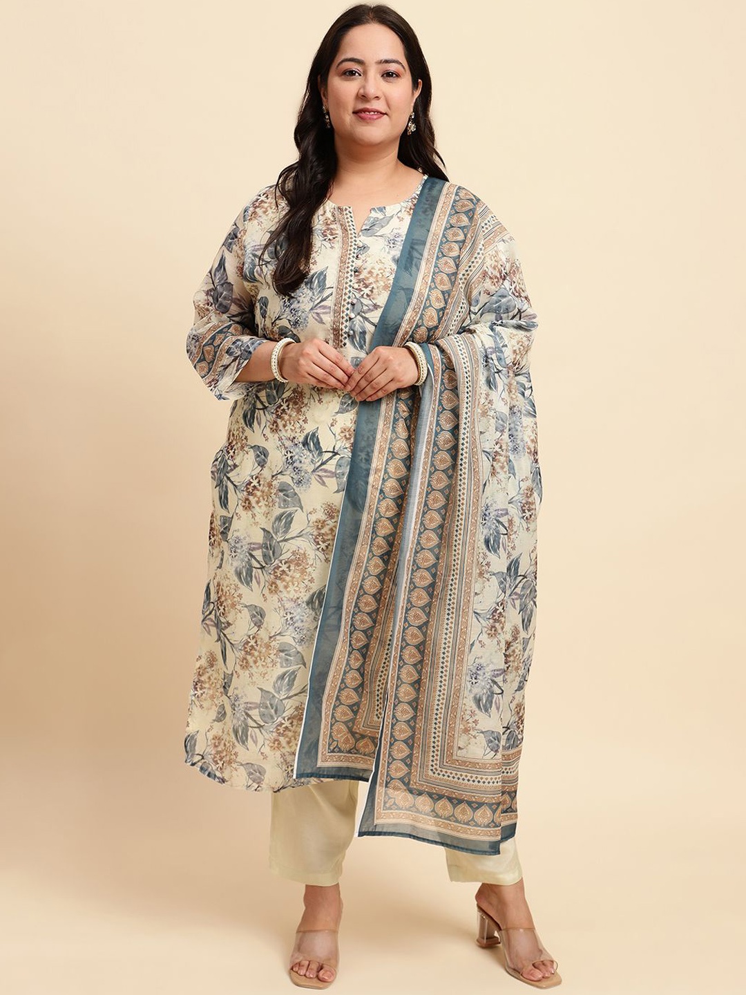 

Sringam Plus Size Floral Printed Pure Cotton Straight Kurta With Trousers & Dupatta, White